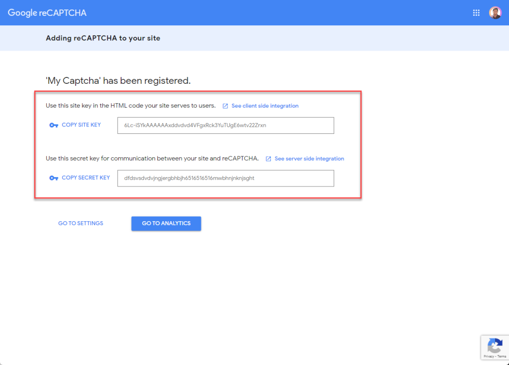 recaptcha keys